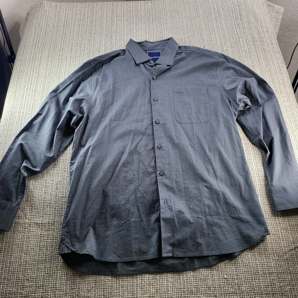 Tommy Bahama Shirt Mens Large Gray Herringbone Pima‎ Cotton Button Front Casual